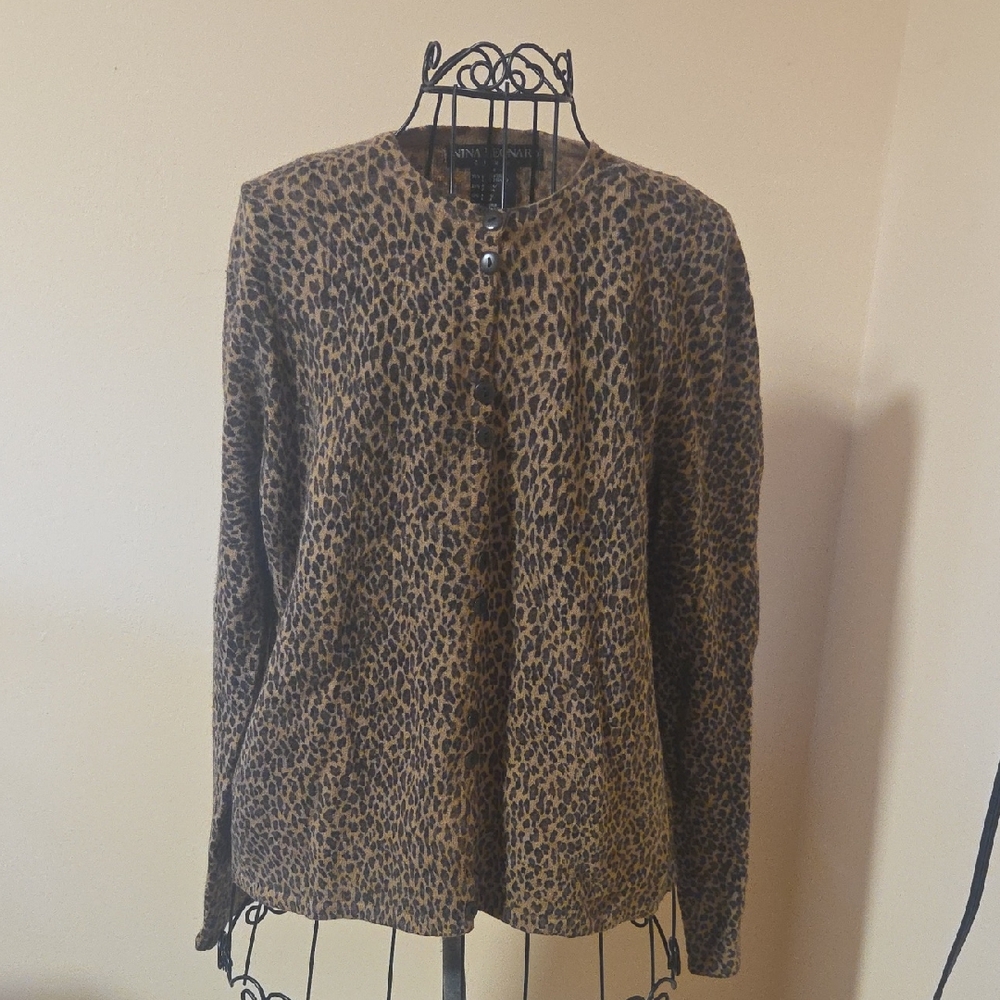 Nina Leonard Leopard Print Wool Cardigan Size M